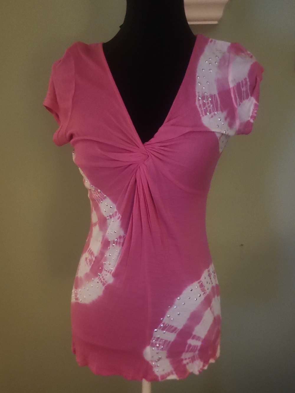 INC International Concepts Pink Twist-Front Short Sleeve Top with White Tie-Dye